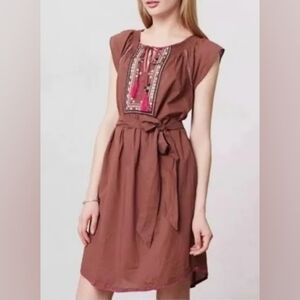 Anthropologie Maeve Marbella Embroided Brown Tunic Dress- Size 4- NO TIE/SASH